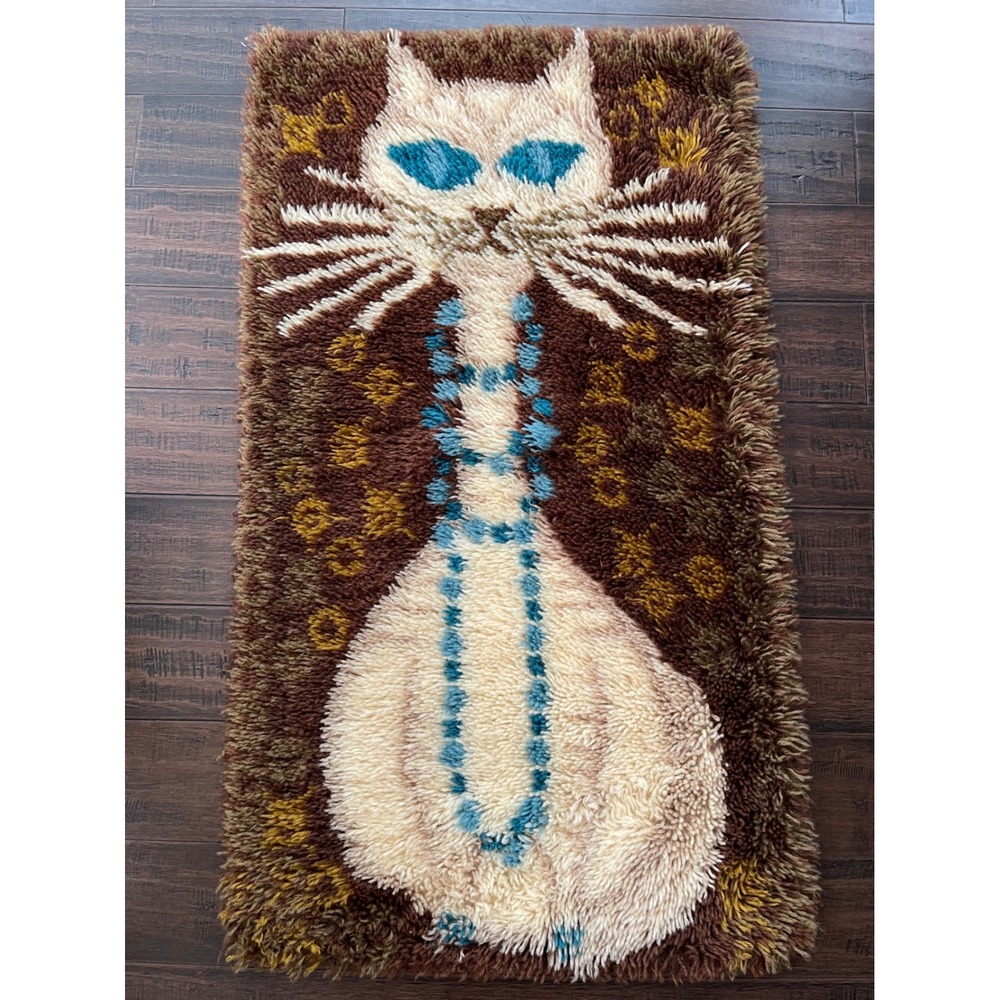 Vtg Ege Taepper Rya Shag Rug Cat Rare Mid Century Modern Wall Hanging 45x25